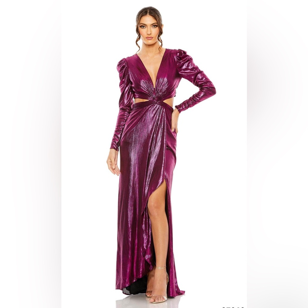 Mac Duggal 27010 Metallic Pleated Cutout Gown Magenta Pink Long Sleeve Maxi